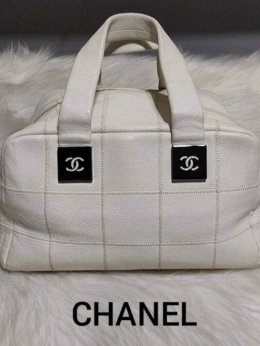 SALE! Chanel Choco Bar Coco Mark Lux Square Stitch White Boston Bowler Handbag